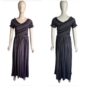 Japna Blue Striped Smocked Maxi Dress Size L Pullover Short Sleeve V-neck Boho